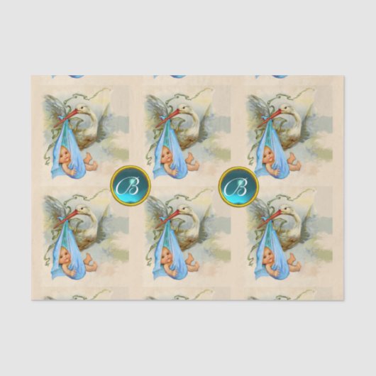 STORK BABY BOY SHOWER BLUE GEM STONE MONOGRAM TISSUEPAPIER (Voorkant)