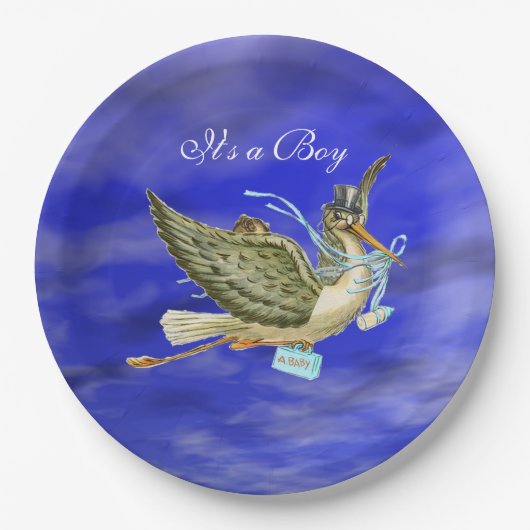STORK BABY BOY SHOWER Blue Sky Papieren Bordje (Voorkant)