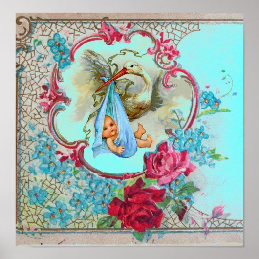 STORK BABY BOY SHOWER blue turquase Poster (Voorkant)