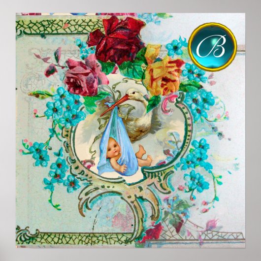 STORK BABY BOY SHOWER Gem Stone Monogram Poster (Voorkant)