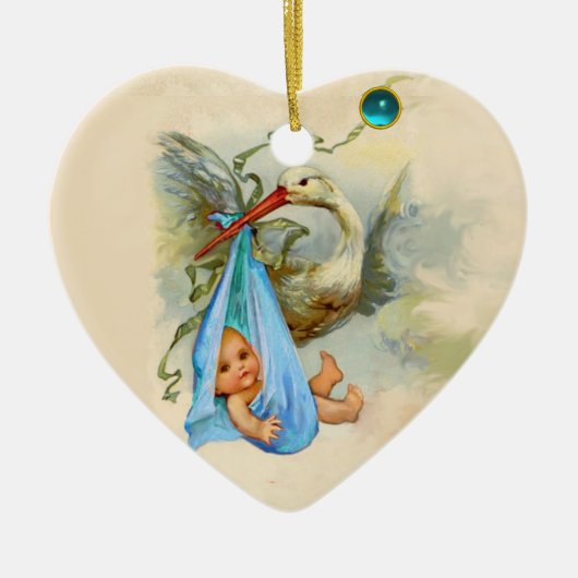 STORK BABY BOY SHOWER HEART MONOGRAM BLUE SAPPHIRE KERAMISCH ORNAMENT (Voorkant)