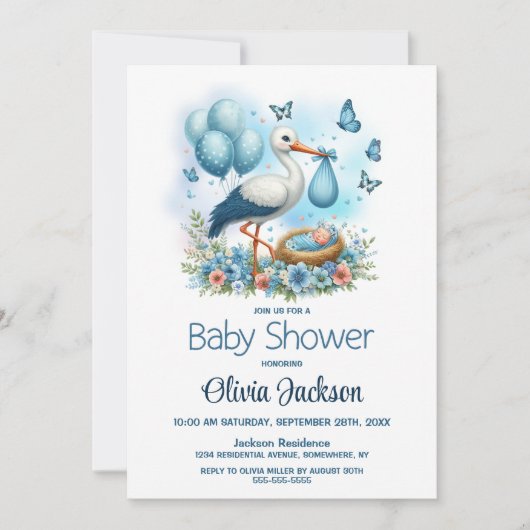 Stork Baby Boy Shower Kaart (Voorkant)