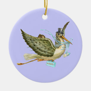 STORK BABY BOY SHOWER MONOGRAM Blue Aquamarine Keramisch Ornament