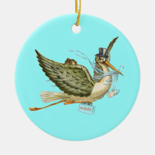 STORK BABY BOY SHOWER MONOGRAM Blue Aquamarine Keramisch Ornament