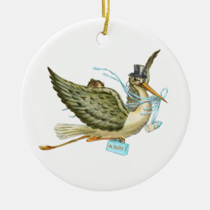 STORK BABY BOY SHOWER MONOGRAM Blue Aquamarine Keramisch Ornament