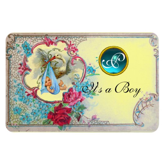 STORK BABY BOY SHOWER MONOGRAM, geel Magneet (Horizontaal)