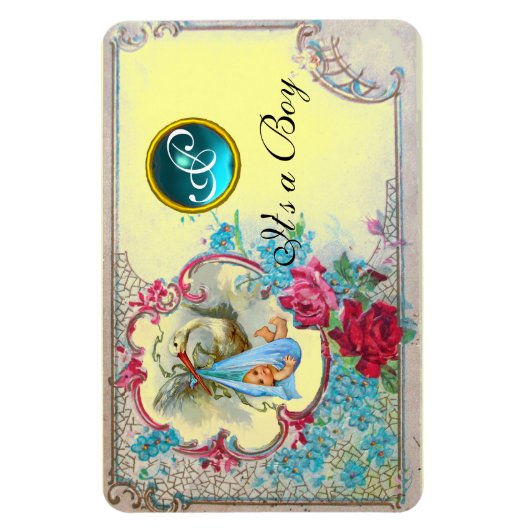 STORK BABY BOY SHOWER MONOGRAM, geel Magneet (Verticaal)