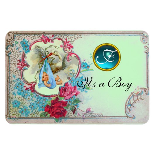 STORK BABY BOY SHOWER MONOGRAM, groen Magneet (Horizontaal)