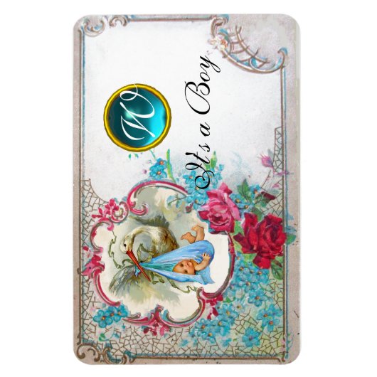 STORK BABY BOY SHOWER MONOGRAM, wit Magneet (Verticaal)