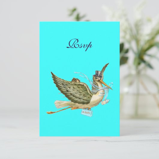 STORK BABY BOY SHOWER, RSVP, Turquase RSVP Kaartje (Staand voorkant)