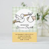 Stork Baby Geboorte Mededelingen (Geel) Aankondiging (Staand voorkant)