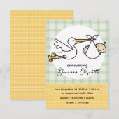 Stork Baby Geboorte Mededelingen (Geel) Aankondiging (Voorkant / Achterkant)