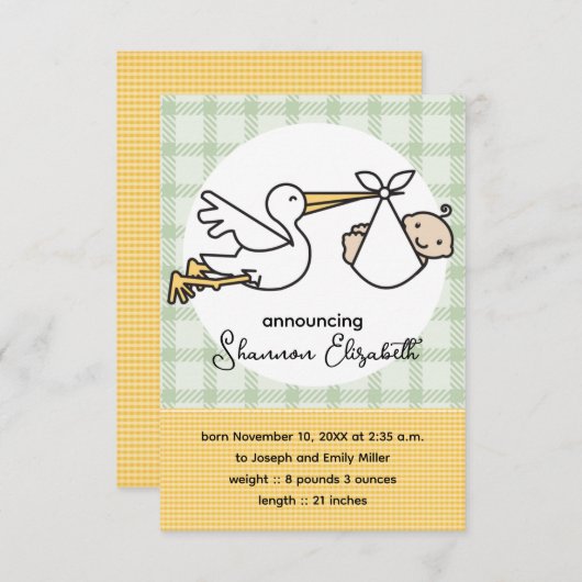 Stork Baby Geboorte Mededelingen (Geel) Aankondiging (Voorkant / Achterkant)