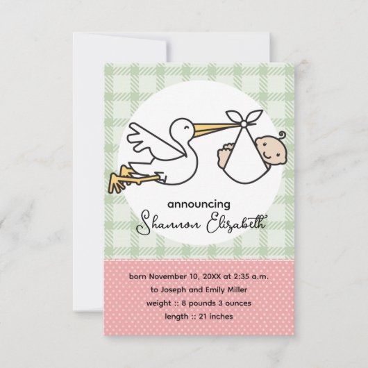 Stork Baby Geboortekaartjes (roze) Aankondiging (Voorkant)