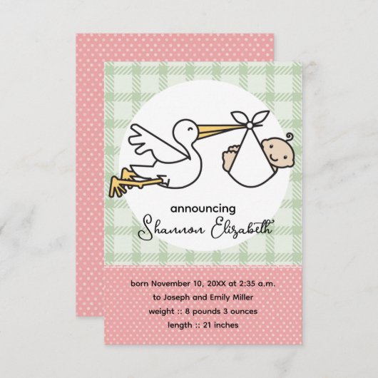 Stork Baby Geboortekaartjes (roze) Aankondiging (Voorkant / Achterkant)