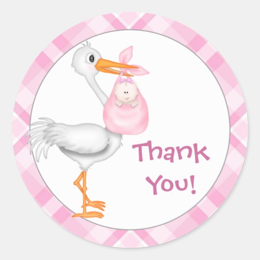Stork & Baby Girl Bedankt Ronde Sticker (Voorkant)