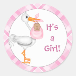Stork & Baby Girl (donkere huid) Baby Aankondiging Ronde Sticker