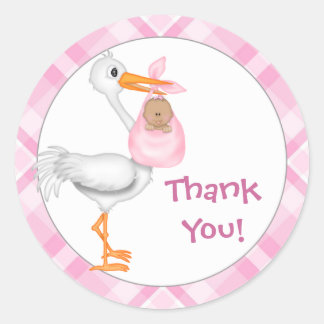 Stork & Baby Girl (donkere huid) Dank je Ronde Sticker