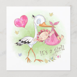 ** Stork Baby Girl Heart Flowers Baby shower Kaart