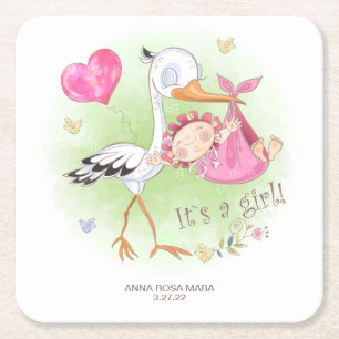 ** Stork Baby Girl Heart Flowers Baby shower Kartonnen Onderzetters