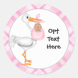 Stork & Baby Girl met donkere huidstickers Ronde Sticker