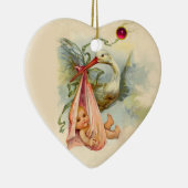 STORK BABY GIRL SHOWER 2 HEART MONOGRAM RED RUBY KERAMISCH ORNAMENT (Rechts)
