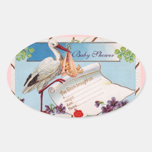 STORK BABY GIRL SHOWER 2 OVALE STICKER (Voorkant)