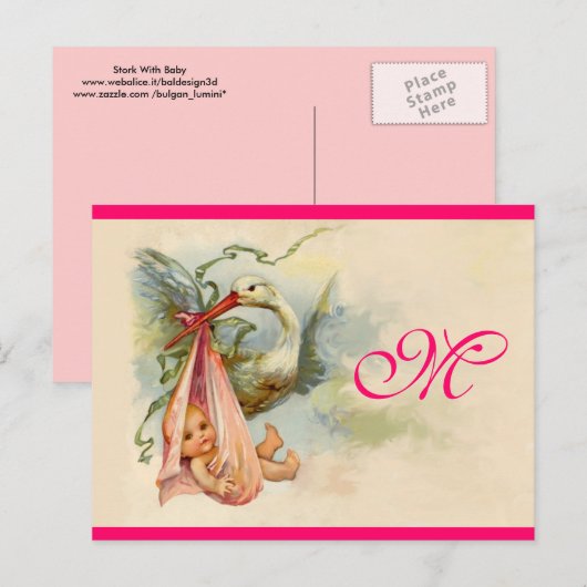 STORK BABY GIRL SHOWER 2 UITNODIGING BRIEFKAART (Voorkant / Achterkant)