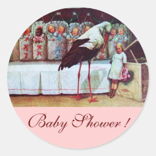 STORK BABY GIRL SHOWER 3 roze Ronde Sticker