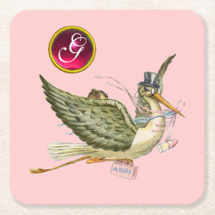 STORK BABY GIRL SHOWER GEM MONOGRAM KARTONNEN ONDERZETTERS