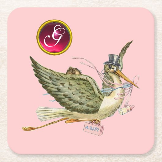 STORK BABY GIRL SHOWER GEM MONOGRAM KARTONNEN ONDERZETTERS (Voorkant)
