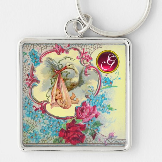 STORK BABY GIRL SHOWER GEM MONOGRAM SLEUTELHANGER (Voorkant)