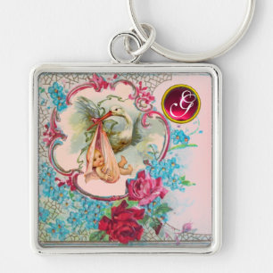 STORK BABY GIRL SHOWER GEM MONOGRAM SLEUTELHANGER