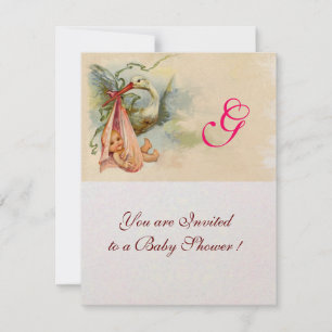 STORK BABY GIRL SHOWER MONOGRAM Champagne Metallic Kaart