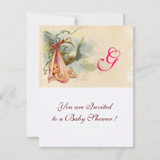 STORK BABY GIRL SHOWER MONOGRAM KAART (Voorkant)