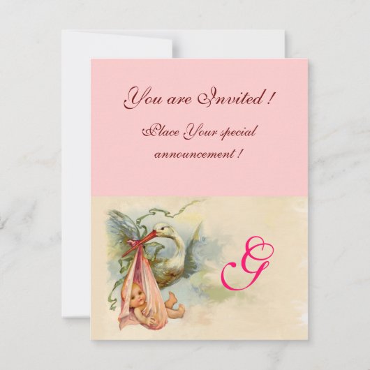 STORK BABY GIRL SHOWER MONOGRAM KAART (Achterkant)