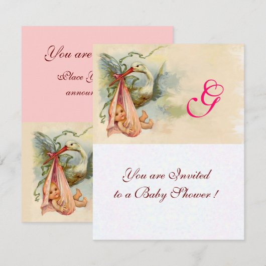 STORK BABY GIRL SHOWER MONOGRAM KAART (Voorkant / Achterkant)