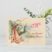 STORK BABY GIRL SHOWER MONOGRAM KAART (Staand voorkant)