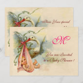 STORK BABY GIRL SHOWER MONOGRAM KAART (Voorkant / Achterkant)