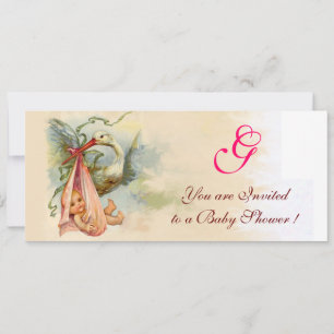 STORK BABY GIRL SHOWER MONOGRAM KAART