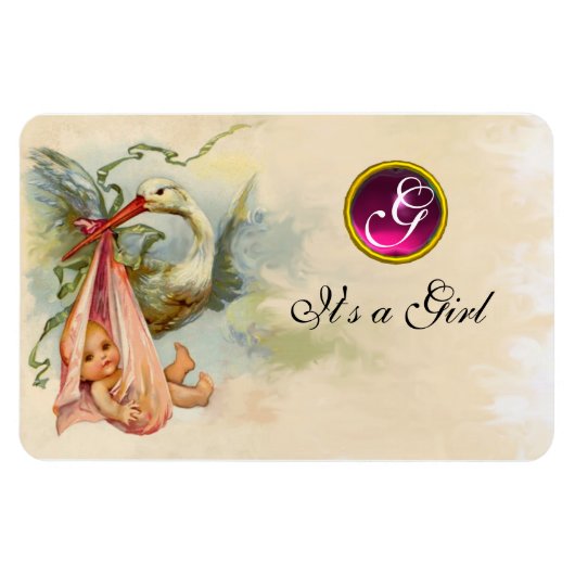 STORK BABY GIRL SHOWER MONOGRAM MAGNEET (Horizontaal)