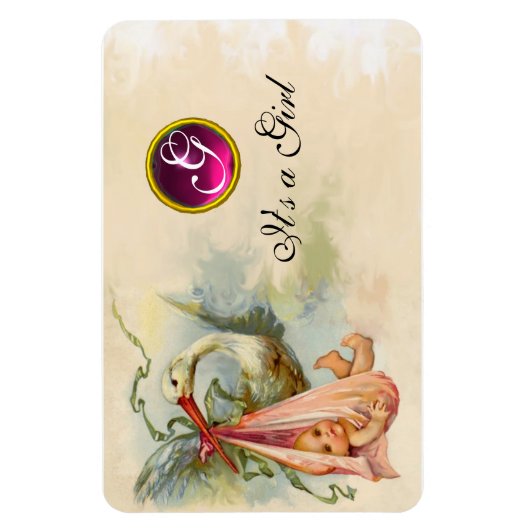 STORK BABY GIRL SHOWER MONOGRAM MAGNEET (Verticaal)