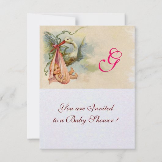STORK BABY GIRL SHOWER MONOGRAM Pearl Shimmer Kaart (Voorkant)