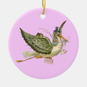 STORK BABY GIRL SHOWER MONOGRAM Red Ruby Keramisch Ornament