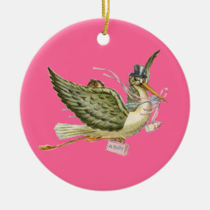 STORK BABY GIRL SHOWER MONOGRAM Red Ruby Keramisch Ornament