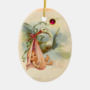 STORK BABY GIRL SHOWER MONOGRAM RED RUBY KERAMISCH ORNAMENT