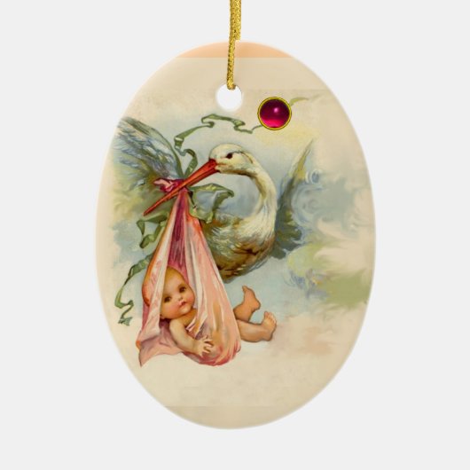 STORK BABY GIRL SHOWER MONOGRAM RED RUBY KERAMISCH ORNAMENT (Voorkant)