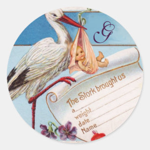 STORK BABY GIRL SHOWER MONOGRAM RONDE STICKER