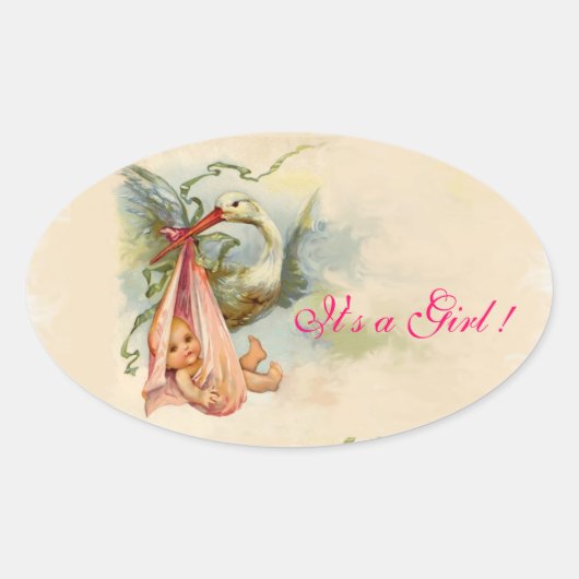 STORK BABY GIRL SHOWER OVALE STICKER (Voorkant)