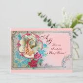 STORK BABY GIRL SHOWER PINK BLAUWE MONOGRAM KAART (Staand voorkant)